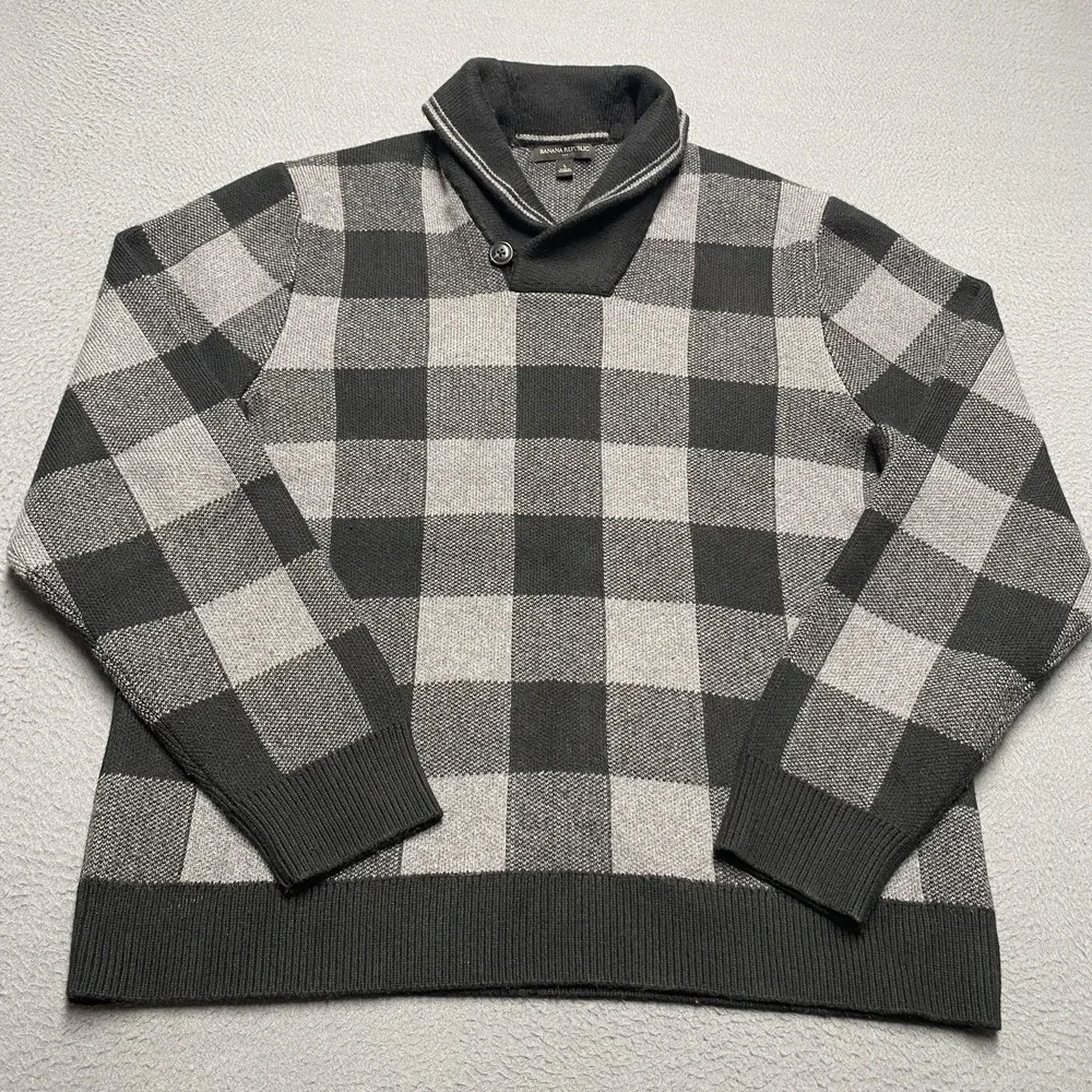 Banana Republic Sweater Mens Large Gray Plaid Shawl‎ Collar Pullover Tight-Knit